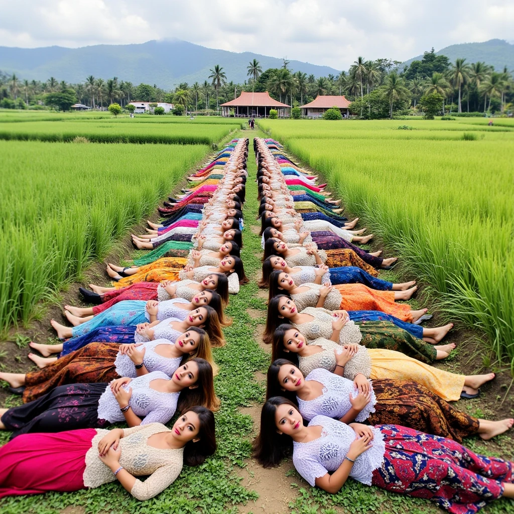 Dozens of Indonesian girls, wearing kebayas of various colors and long batik skirts, laying down in two diagonal rows in the rice fields of an Indonesian village. You can see simple wooden houses with short fences and the edges of rice fields. You can see mountains and forests in the distance covered in a slight mist. looking to the side, serious expression, diagonal angles, dynamic composition