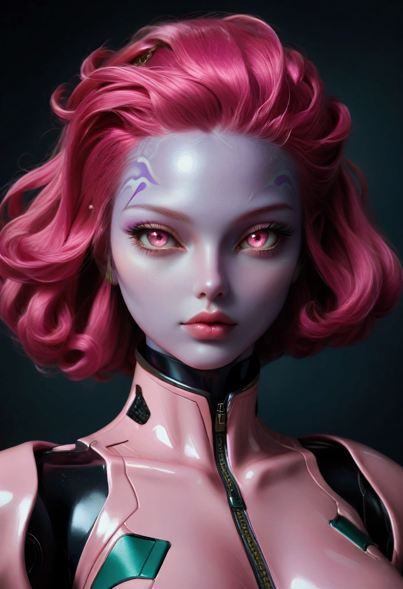 ((( masterpiece))), ((( best quality : 1.4))),(focus on upper body and face)(half body shot) ((super detail: 1.4)) , Hyperdetailed gouache painting of a female alien beauty,  beautiful exotic features , pink neon eyes :1.5,  turquoise ranges hair ,  detailed facial features ,  expressive face ,  detailed textures ,  purple skin tone , Volume,  warm tones under her skin ,  ultra high resolution , Gundam suit in green