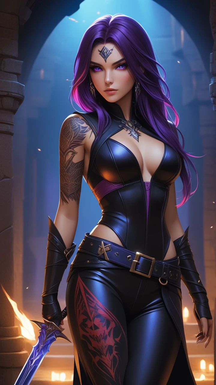 Liana Ramirez as a pale white skinned superhero with magical powers. The character is a stunningly beautiful woman, with clear, translucent skin that gives it an ethereal appearance. Her long purple hair falls in soft waves, reflecting a golden glow that contrasts with the mysterious aura that surrounds it. His eyes are a deep blue and mesmerizing, with an intensity that seems to penetrate the soul of those who look at them.
Ela veste um traje que é uma fusão entre um May estilizado e um uniforme de combate. O May é preto, with touches of purple that create an intriguing contrast. A parte superior do May se conecta a um cinto metálico por tiras finas, leaving the sides of the torso exposed, revealing the character&#39;s light skin. The belt has metallic purple details and small black crystals that shine discreetly..
A parte inferior do May se assemelha a uma calcinha de cintura alta, also in black, that blends perfectly with the tights that start just below the knees. These tights are made of a thin, translucent fabric., in a deep purple shade, with mystical black rune patterns running down the legs in elegant spirals. The runes glow faintly when she activates her powers..
Your gloves are long, covering up to the elbows, made of a material that appears to generate ice when touched. The gloves are black with purple details on the seams., creating a cohesive and menacing look. She also wears a delicate silver tiara., adorned with a small blue crystal in the center, which amplifies your mental powers and control over water. Full-body image, May, purple knee-length tights in a checkered net, purple outfit, hot, sexly. lust, fire, Black mini fishnet tights