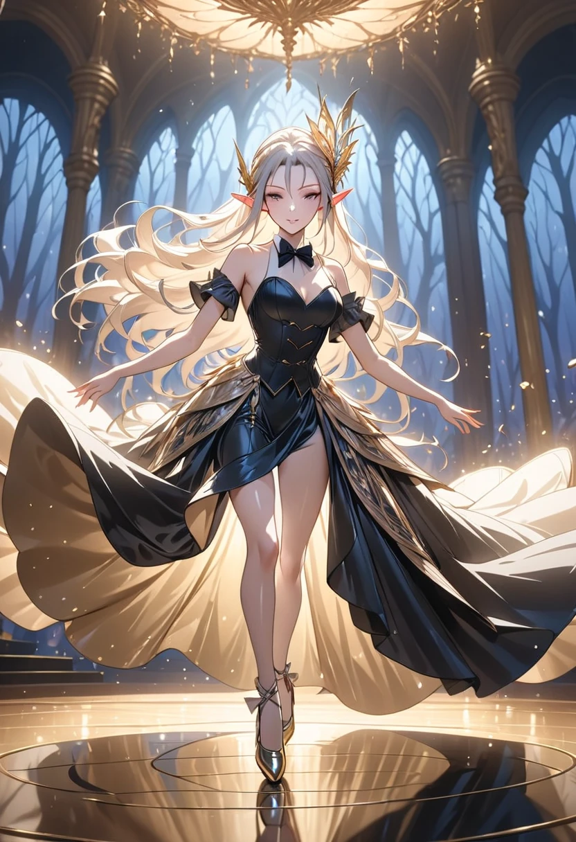 Rita Rossweisse, honkai impactbeautiful woman with long blonde hair slightly greyed and black dress with purple,long,pleasant,extremely detailed with many elegant details, posing in front of a castle in the middle of a pleasant plateau, beautiful day, flying birds,fine details. Cushart Krenz Key Art,Shadowverse Style,CG,Sexy,Extremely Detailed,Hair Ornament,Adult,30 Years,Yummy,Masterpiece.Best Quality,High Heels,Lilac Eyes,Extremely Defined Body,Thin Waist, Dynamic Lights and Shadows.