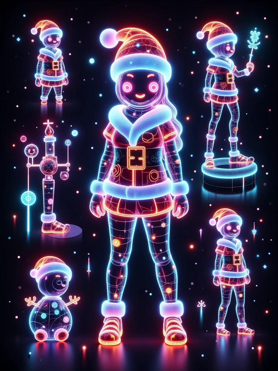 A photorealistic character sheet in a 9x9 grid layout featuring a single consistent character,  Cyberpunk style fatal girl wearing a Christmas costume ,  Each pocket shows a different aspect of her design ,  include a close-up of her eye-catching features ,  such as neon orange or purple hair and sharp eyes with festive cyber implants ,  These implants glow in the dark , Showcasing changes in her costume ,  snowflake patterns that emphasize a smooth Santa costume ,  High-tech accessories such as a magic wand with glowing runes , And avant-garde shoes with bell buckles ,  Add elements such as reindeer and snowflakes and circuits that glow on her skin,  These circuits look like Christmas symbols ,  background should be A dark futuristic cityscape on a Christmas night ,  with neon lights in the shape of a Christmas tree and snowman ,  accentuating the character's bold and mysterious personality 