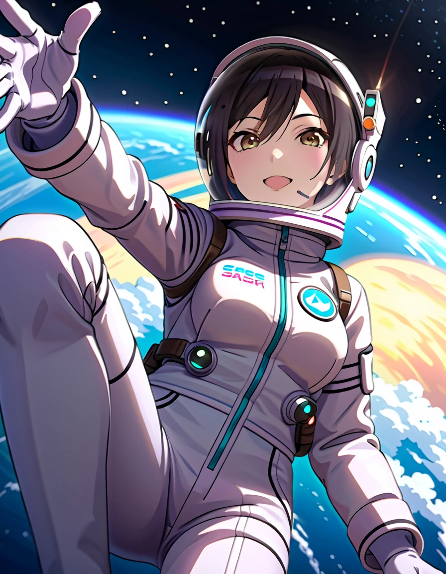 (spacesuit:1.15), white cargo pants, astronaut)bubble helmet, space helmet, white gloves , , looking close at you, outer space, floating, masterpiece, best quality, 1girl, beautiful,  image from below, solo, , shirase sakuya, srssky, black hair, straight hair, bangs, yellow eyes, large breasts, happy, difficulty breathing, saluting, fullbody