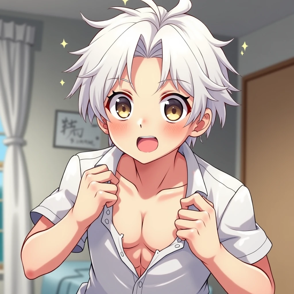 ((1 girl))、(smile:1.3)、small breastsのヌード、(cowboy shot)、(fun!!)、(white cardigan:1.5)、(blush:1.4)、(silver hair)、Chest roll-up clothing,pull clothes,((flat chest:1.3))、((I can see your nipples:1.5)),(dog ears), No bra, (black skirt),look down, ((classroom:1.5))Upper body,classroomのシャツロールアップシャツセーター高解像度,look down, Upper body,Fair skin,classroom,small breasts,shaved pussy、long hair、light blue eyes