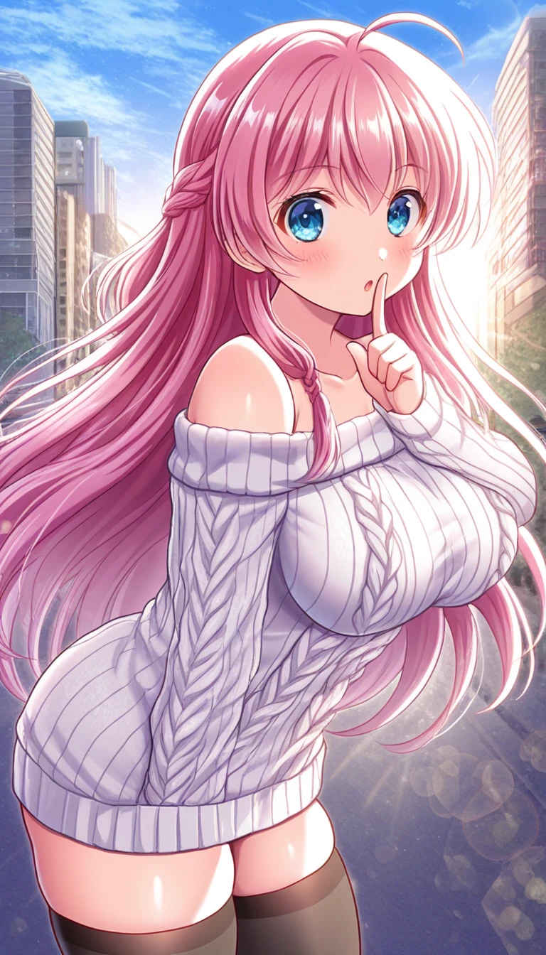 best quality, masterpiece, 1girl, solo, megami-ryou no ryoubo-kun, saotome atena, blue eyes, pink hair, long hair, very long hair, half up braid, ahoge, collarbone, large breasts, white sweater, ribbed sweater, aran sweater, cable knit, off-shoulder sweater, shushing, index finger to own mouth, thick thighs, black thighhighs, zettai ryouiki, shiny skin, looking at viewer, leaning forward, from side, blush, :o, open mouth, outdoors, city, sunlight, lens flare, sunbeam 