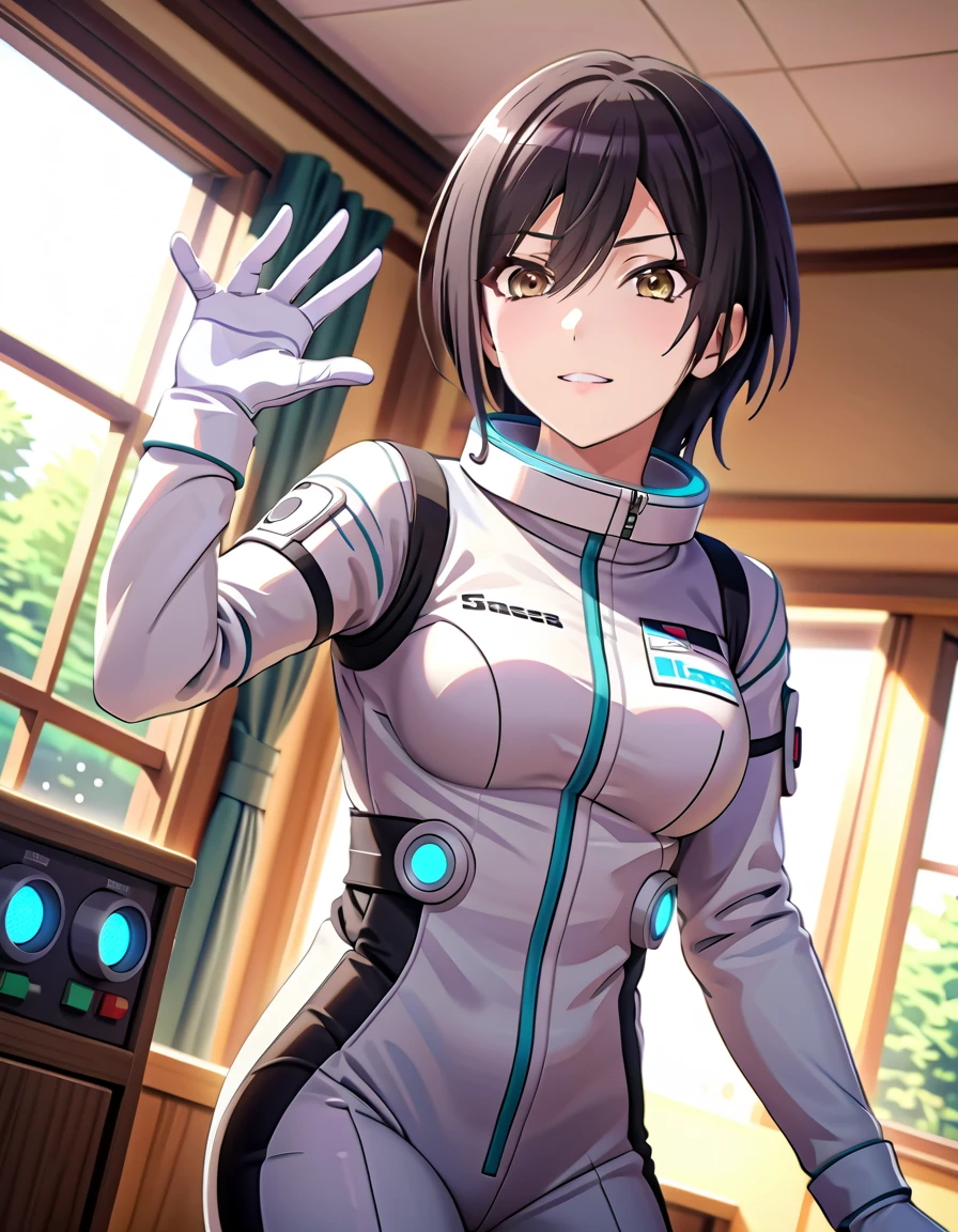 (spacesuit:1.15), white cargo pants, astronaut)bubble helmet, space helmet, white gloves , , looking close at you, classroom, sunlight from the windows, standing, masterpiece, best quality, 1girl, beautiful,  image from below, solo, , shirase sakuya, srssky, black hair, straight hair, bangs, yellow eyes, large breasts, happy, winking, waving, fullbody