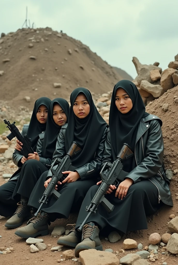 best quality , masterpiece, 4 malay females, malaysian, mira filzah face, (mira filzah), cute malay girls with assault rifles in a battle field wearing hijab, bra and panties, sexy, sexy army underwear, detailed face, holding gun, assault rifle, sexy military, ((aiming gun at viewer)), depth of field, laughing, pink hijab,, cat ears, night in the forest background, jungle.