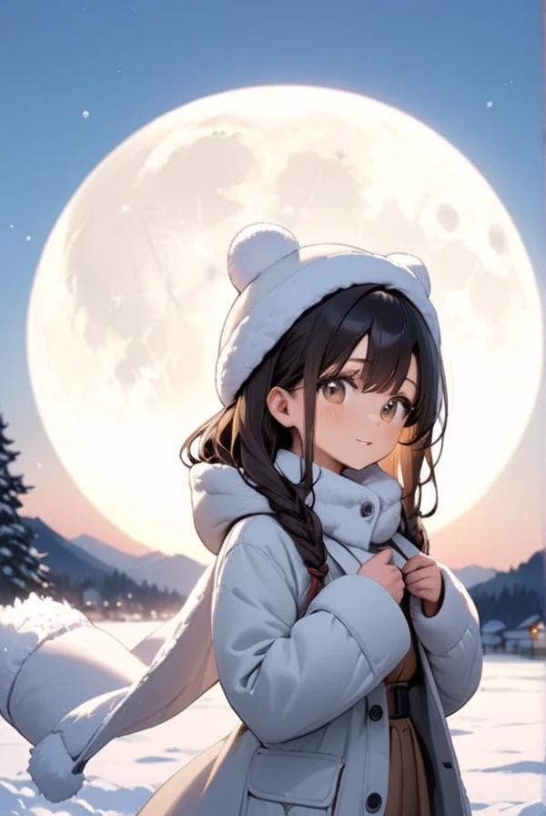 A girl in warm clothes looking at the winter moon