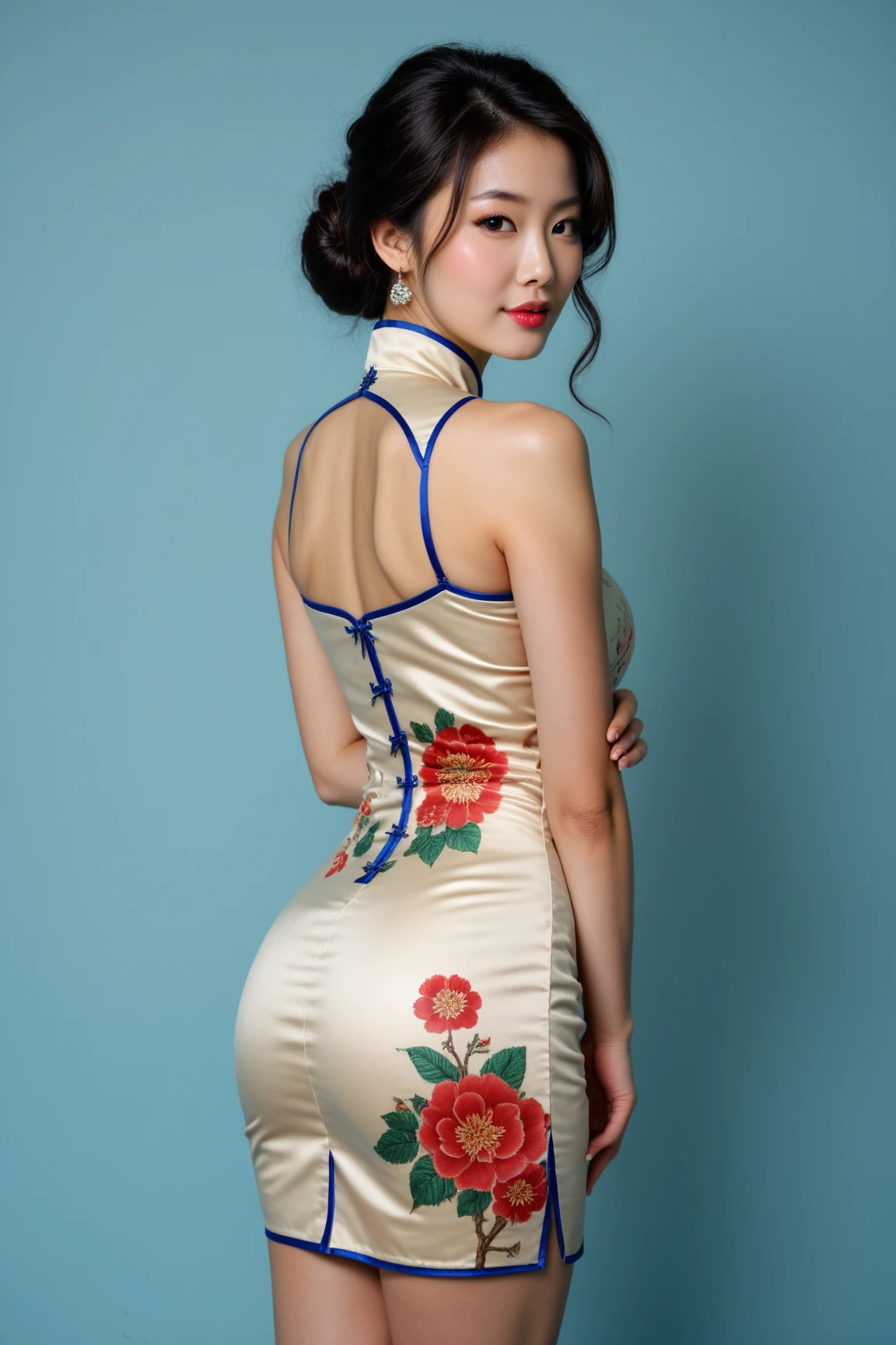 extremely high quality,1girl,see-through,print_cheongsam,jewelry,medium breasts,floral print,elegant,<lora:lbc_ST_print_cheongsam_XL:0.5>,movie grade light and shadow,simple background,human anatomy aesthetics,lower_body,from_back,