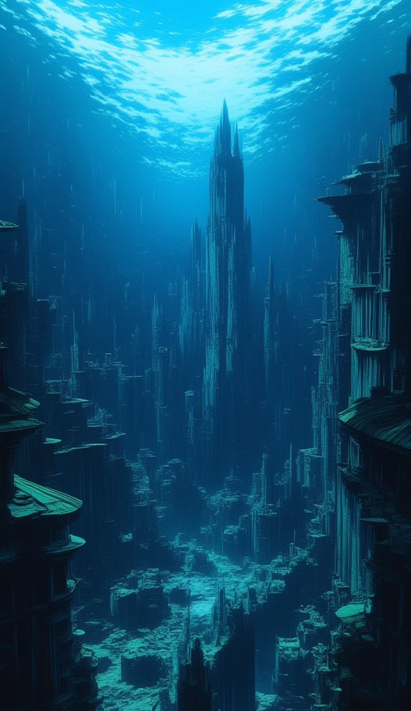 a lost ancient underwater city, ruined houses, palaces, and monuments, aerial view, midjourneyv6.1, comics retro anime style, photorealistic, 8k, highly detailed, cinematic lighting, dramatic atmosphere, blue and teal color palette, underwater environment, sunlight filtering through the water, algae-covered structures, crumbling architecture, hints of advanced technology, mysterious and eerie vibe