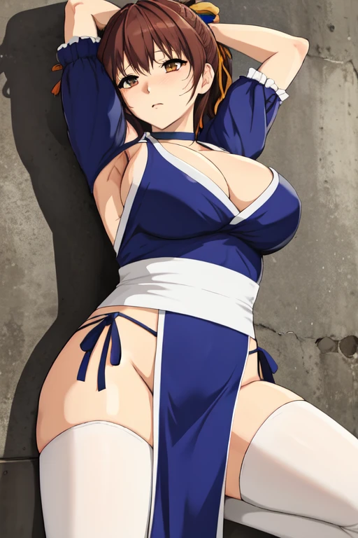 masterpiece, best quality, beautiful art, high resolution, well formed hands, body and fingers, 1 woman, solo, Haruhi Suzumiya, 31 years old, adult, grown up, large and big breasted, cleavage,  full body, braided long hair, blue_japanese_clothes, wearing DOA Kasumi's blue kunoichi dress, sexy and skimpy japanese clothes, sleeveless, panties peek, white stockings, gorgeous legs and thighs,ryona , in peril, she is injured, cornered and pinned against the wall, knocked down, helpless and vulnerable, she is dizzy and exhausted, looking at the viewer with anxiety and fear, she is afraid, trembling in fear, about to scream, breathing heavily, terror in her eyes, helpless and weak, blushing , struggling, trying to stand on her feet, gasping, being at the edge of defeat, heroine in peril, scratching marks on her body, exuding sensuality and allure,ryona scene. ryona , in peril, she is injured, cornered and pinned against the wall, knocked down, helpless and vulnerable, she is dizzy and exhausted, looking at the viewer with anxiety and fear, she is afraid, trembling in fear, about to scream, breathing heavily, terror in her eyes, helpless and weak, sexy damsel in distress, blushing , struggling, trying to stand on her feet, gasping, being at the edge of defeat, heroine in peril, scratching marks on her body, exuding sensuality and allure, ryona scene