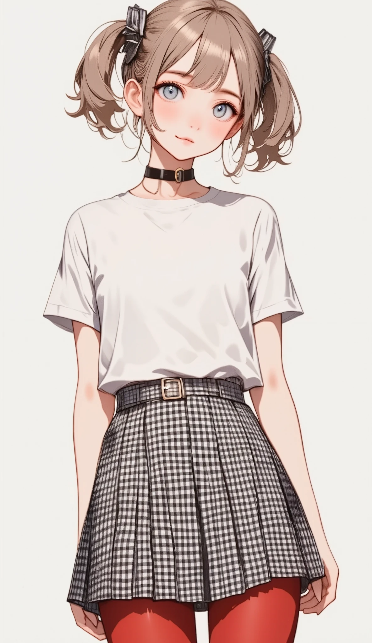    High image quality   、masterpiece、Realistic、    perfect anatomy  ,  Girl ，cute女の子、超cute、Where's the hair   、Very short，、zoom、cute、  Grey Eyes 、、   twin tails、Glasses、   white t-shirt、(     gingham check culotte skirt:1.37)， red stockings、 red garter belt、belly button，blank， black light