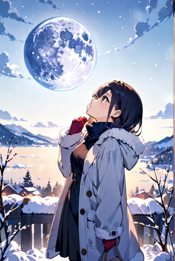 A girl in warm clothes looking at the winter moon