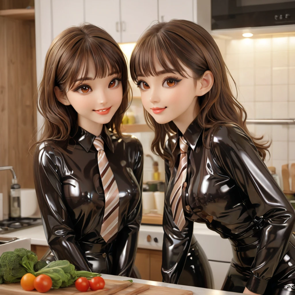 3 girls,  masterpiece, Lens reflection, Reflected light, Buttoned into extremely tight shiny latex blouse with striped pattern,  high resolution , Make-up,  seductive smile , Are in the apartment and while cooking,  brown hair , Bangs, kiss, Necktie 