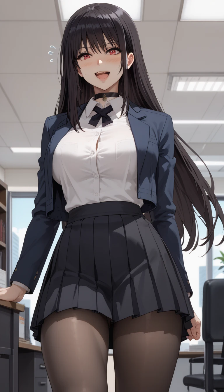 Source anime, Tall girl, Fit girl,score_9, score_8_up, score_7_up, score_6_up, uncensored, claire kagenou, long hair, black hair, red eyes, huge breast,thighs,  1girl, solo, skirt, choker, shirt, pantyhose, white_shirt, black_skirt, open_mouth, blush, jacket, black_choker, smile, collared_shirt, breasts, brown_pantyhose, office_lady, bangs, black_jacket, flying_sweatdrops, pleated_skirt, cowboy_shot