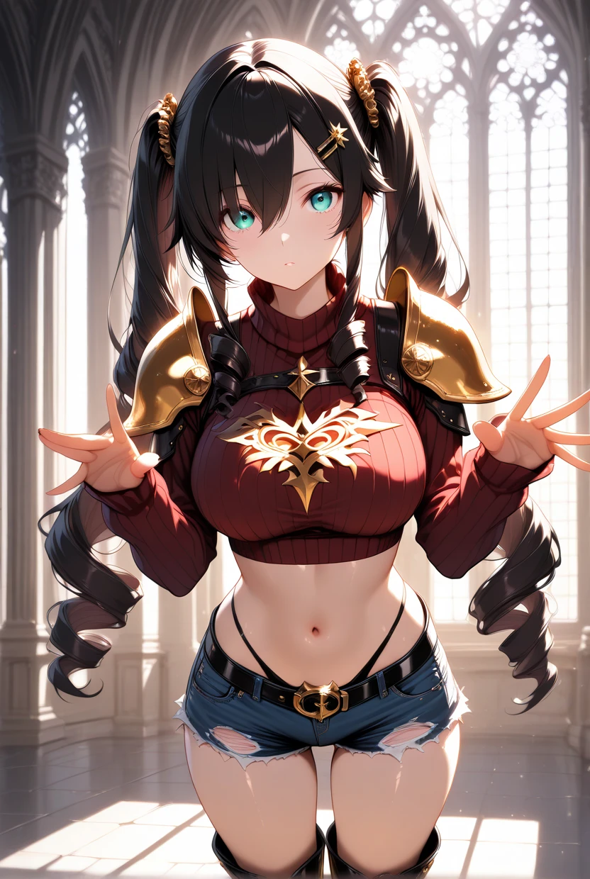 best quality, ultra detailed,very aesthetic,absurdres, gothic style:0.74,1girl,solo, aquamarine eyes, twin tails, hair clip,asymmetry clothes,woll material, knitted, drill hair, black hair,hair between eyes, ribbed_sweaters,denim shorts,highlegs panties,midriff, belt with big gold crocodiles buckles, knee high boots, shoulder pad,torn cloack,hand pose,stomps, BREAK white cathedral, glass window,sun beam pass through window,cowboy shot