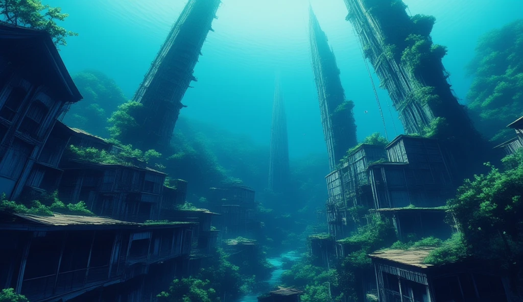 a lost ancient underwater city, ruined houses, palaces, and monuments, aerial view, midjourneyv6.1, comics retro anime style, photorealistic, 8k, highly detailed, cinematic lighting, dramatic atmosphere, blue and teal color palette, underwater environment, sunlight filtering through the water, algae-covered structures, crumbling architecture, hints of advanced technology, mysterious and eerie vibe