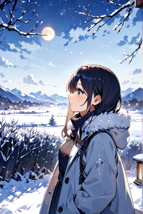 A girl in warm clothes looking at the winter moon