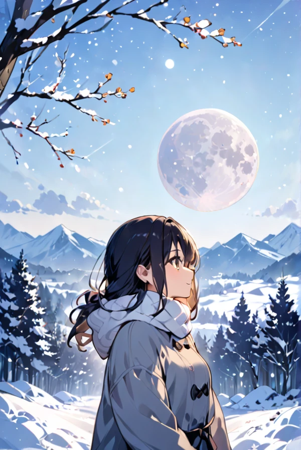 A girl in warm clothes looking at the winter moon