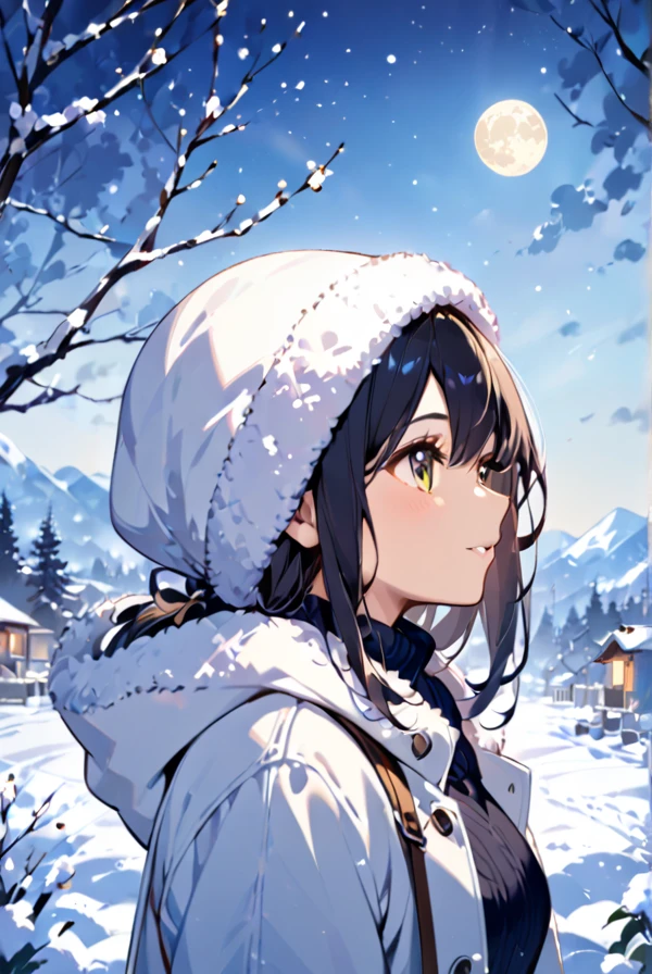 A girl in warm clothes looking at the winter moon