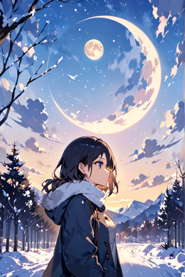 A girl in warm clothes looking at the winter moon