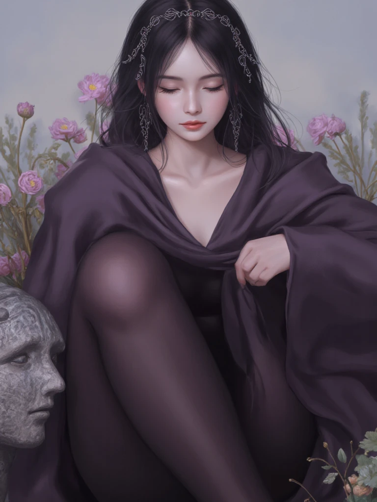 Digital artwork featuring a fantasy-style portrait of a woman with an ethereal and mystical appearance. The layout is vertical, focusing on the upper body of the subject. She has pale skin and delicate facial features, with long, dark hair adorned with intricate, metallic hairpieces. Her eyes are slightly closed, giving her a serene expression. She is draped in a flowing, dark purple robe that reveals her shoulders, adding to the elegant and mysterious aura. The background is a blend of soft, muted colors with floral elements and a stone sculpture, enhancing the fantasy theme.