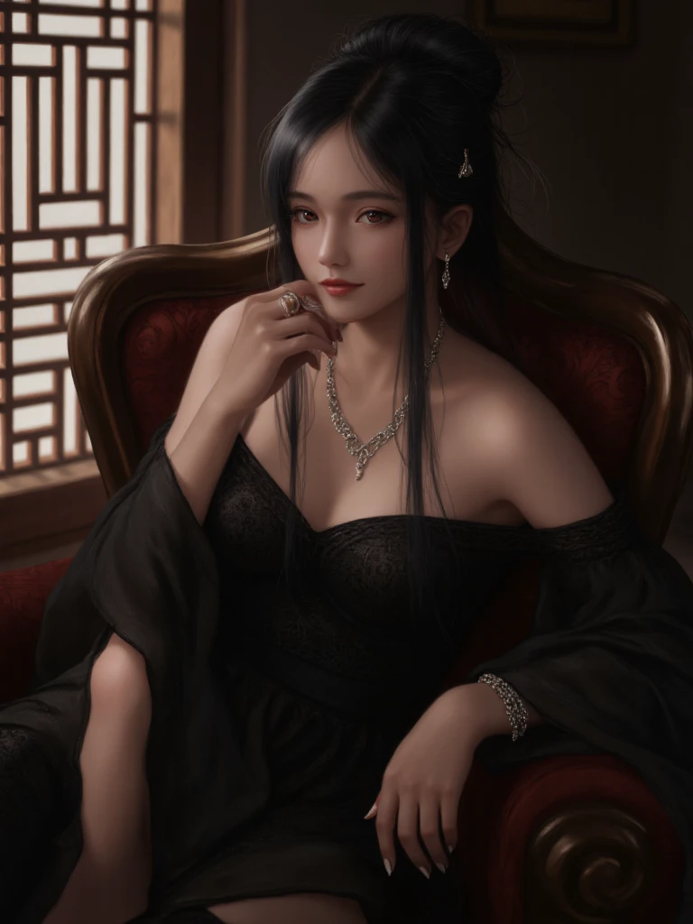 Image is a digital artwork featuring a woman with a fair complexion and long, dark hair styled in an intricate updo. She is seated in an ornate chair, wearing an elegant, off-shoulder black dress with intricate patterns. Her expression is contemplative, with her chin resting on her hand. She is adorned with elaborate silver jewelry, including dangling earrings and layered necklaces. The background is a dimly lit room with traditional Asian architectural elements, such as wooden lattice windows, casting soft light and shadows. The overall atmosphere is mysterious and sophisticated, with a focus on the woman's serene and poised demeanor.