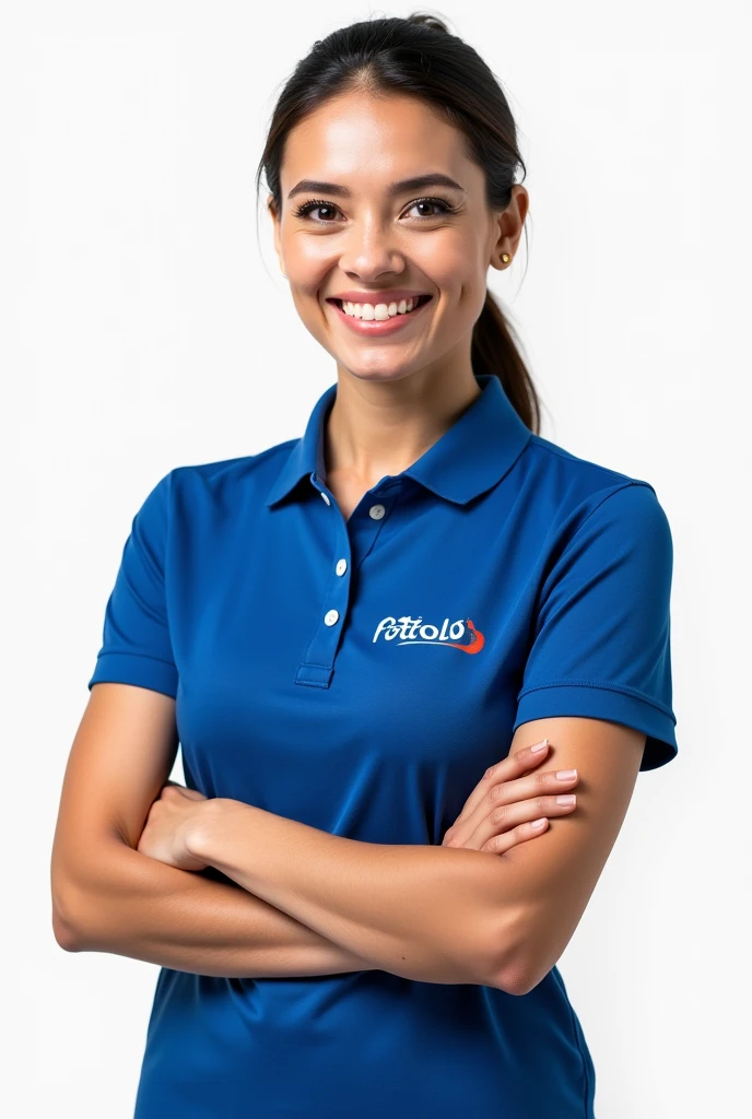 Create a realistic image of a young Latina lady wearing an electric blue polo shirt. In addition to having the word printed on it "CRECE MASS" in the right pocket . She must be smiling and with her arms crossed. Your skin tone should be white and your eyes honey colored 