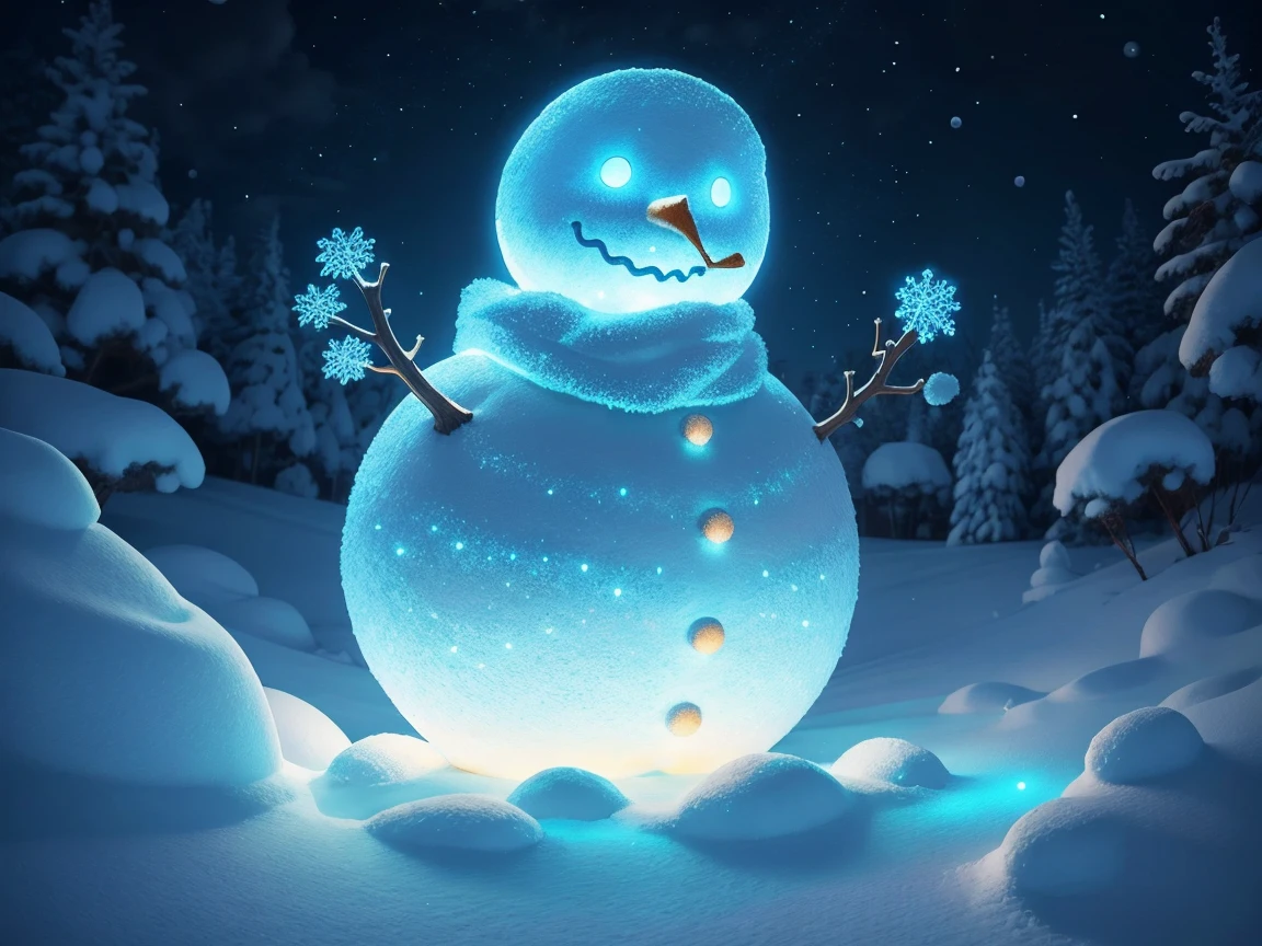 snowman, Beautiful and detailed,  dynamic perspective , bioluminescent lighting,  surround lighting, resolution 8k, illustration,