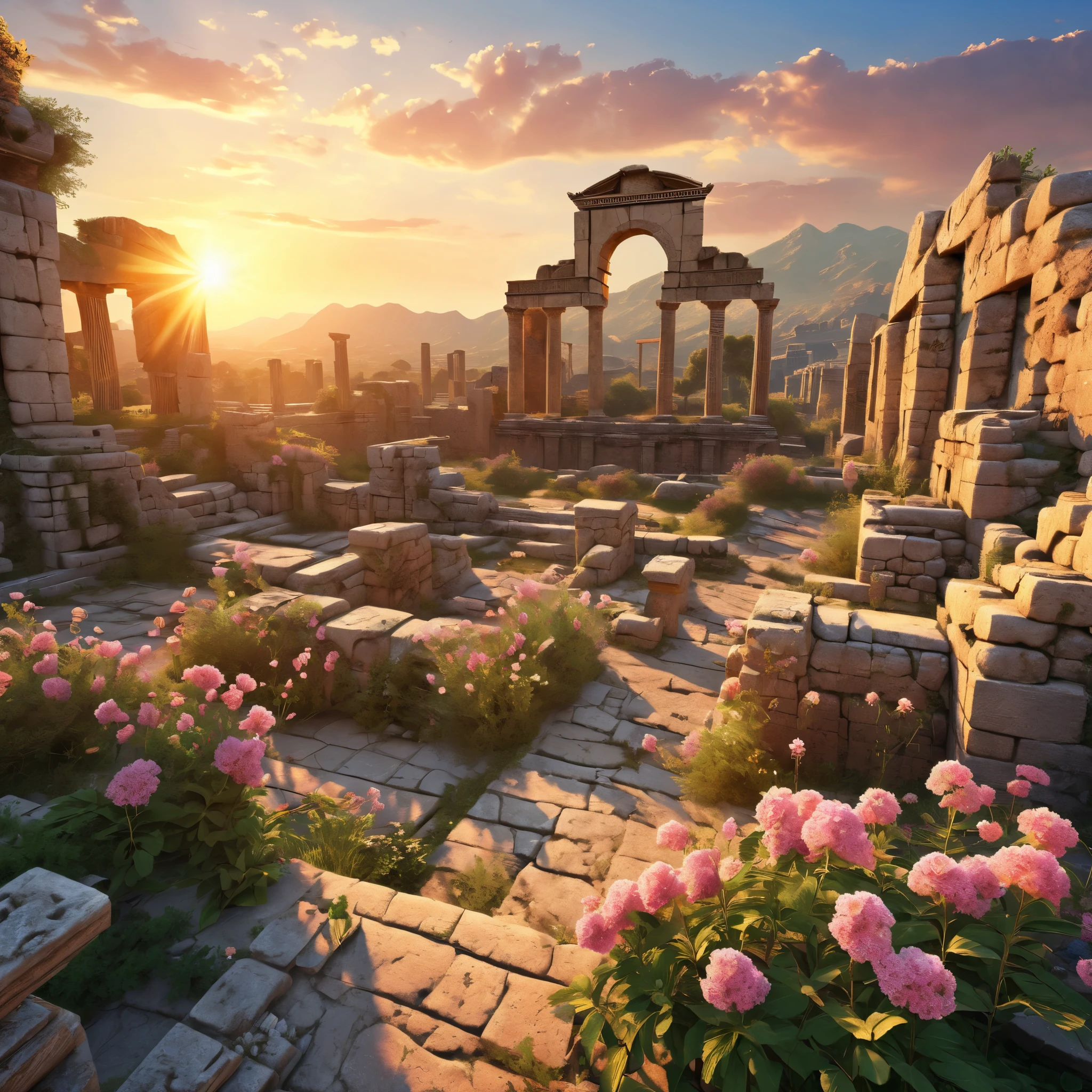 photo, ancient city ruins, flowers, sunset, 8k, ultra detailed, masterpiece