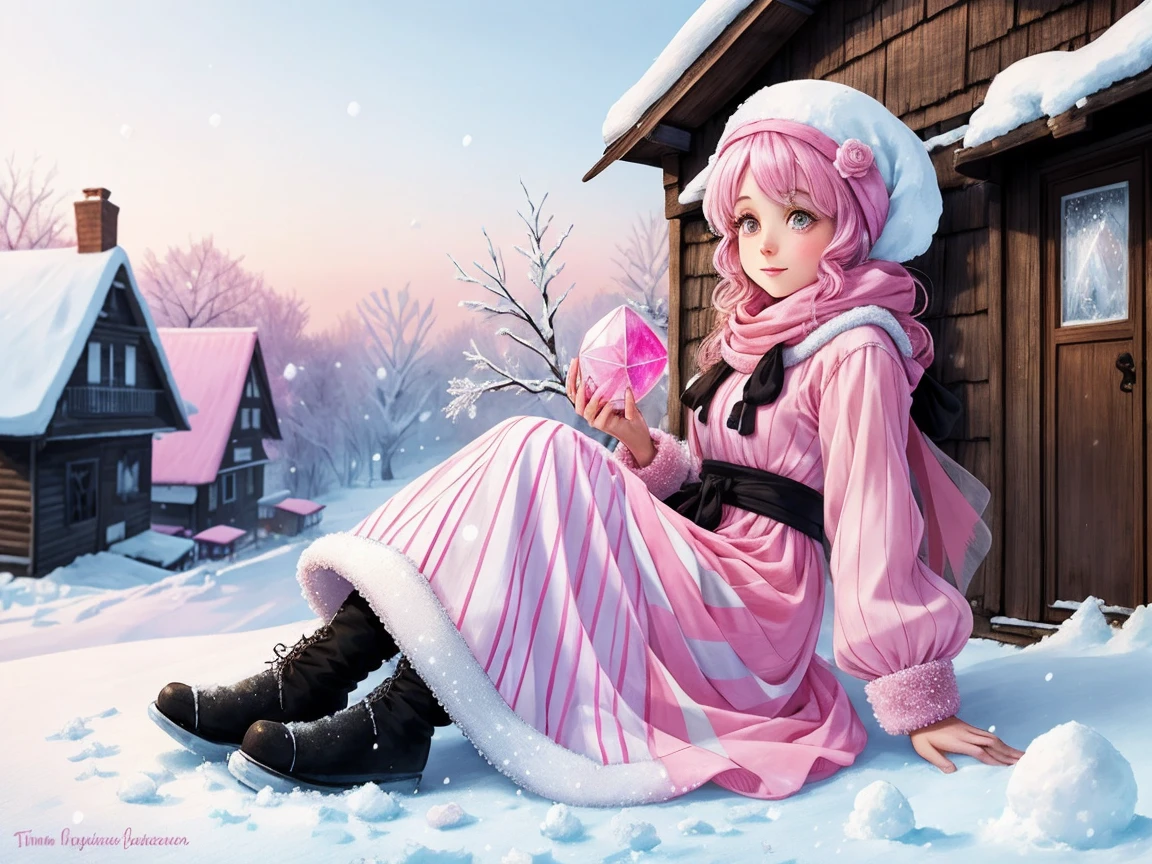 colors: white and pink ,  black
Winter , frost,  snow ,  A beautiful stylish sweet girl holds a super huge transparent crystal rose,  sits on the roof of an old wooden house ,  gloved handles , dressed warmly ,  around his neck a long striped scarf ,  Tim Burton style , cartoon