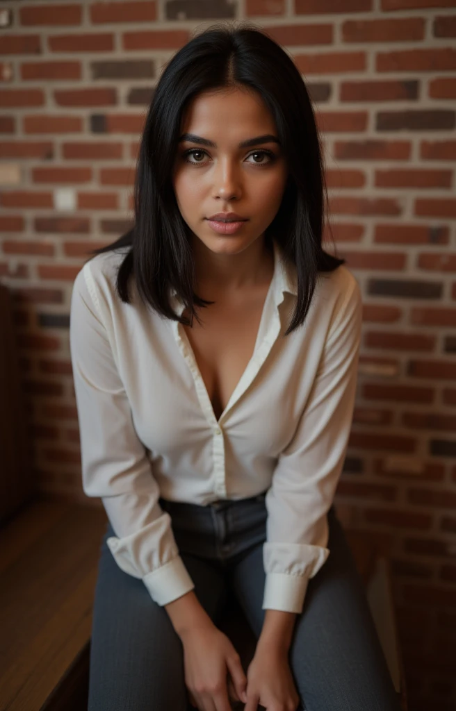 1 woman, Brazilian, straight hair,  black hair, wall pictures ,  contemporary local highlight,slightly tanned skin, post instagram, profile picture, pose casual, thin,  brick walls ,  full body , sitting, bar, night style, natural hands , long shirt,  pants attached to the body , detailed photograph,  high quality , fix hands