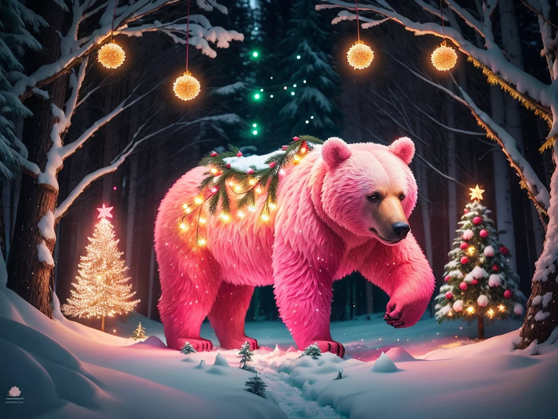 real Напиши "2025"
  bear in the forest in winter ,  in paws christmas ball ,  green pine branches ,  juicy pink berries ,  pink and yellow lights glow, small garlands ,   lights around the picture , как рамочка
professional photo