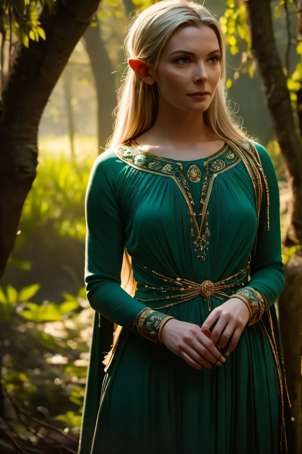 Galadriel, a radiant elven queen, standing gracefully in a magical elven forest bathed in soft, ethereal light. She is wearing a flowing green dress adorned with intricate golden embroidery, reminiscent of delicate vines and leaves, perfectly complementing the lush surroundings. Her long, silvery hair cascades over her shoulders, glowing softly in the dappled sunlight filtering through ancient, towering trees. The forest is alive with magical energy, featuring bioluminescent flowers, sparkling streams, and faint, glowing particles floating in the air. Her expression is serene and wise, her piercing eyes reflecting the timeless beauty and wisdom of the elves. The scene is infused with an otherworldly atmosphere, with fine details in the textures of her dress, the bark of the trees, and the vibrant flora. Photorealistic rendering, ultra-high-definition, with dramatic, yet soft lighting highlighting her elegance and the magical ambiance of the forest.