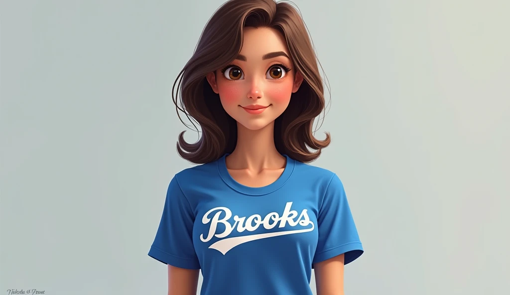  Isabella wearing a blue t-shirt with the logo "Brooks "  in baseball style on the chest 