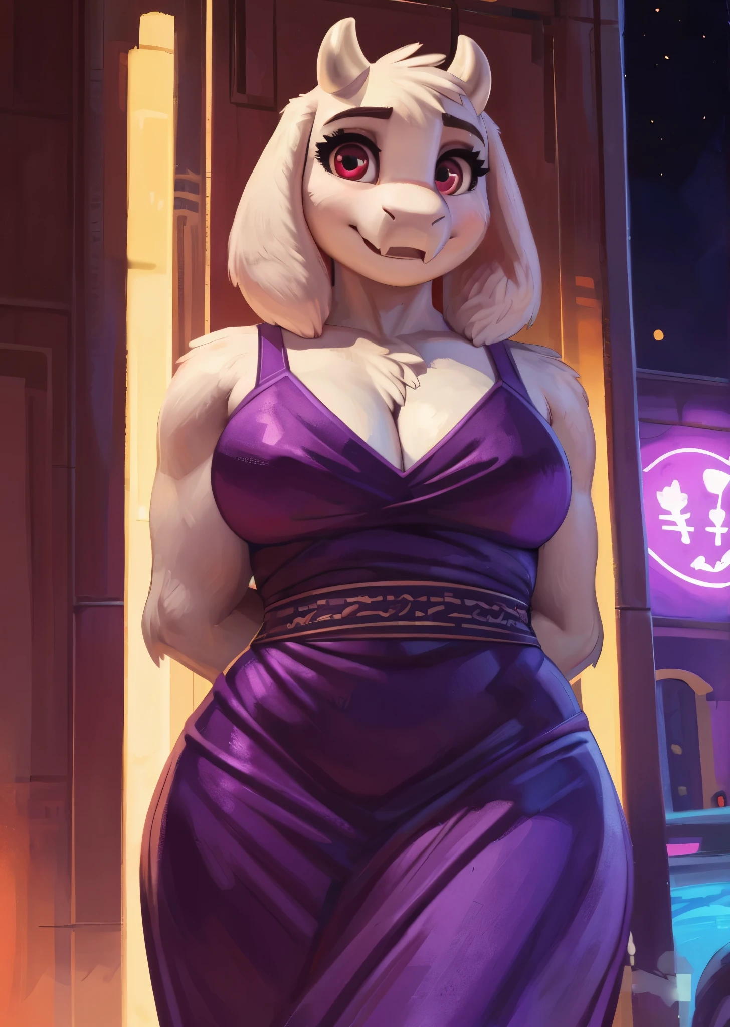 [toriel], [Undertale], [Uploaded to e621.net; (Pixelsketcher), (wamudraws), (woolrool)], ((masterpiece)), ((HD)), ((high red)), ((solo portrait)), ((front view)), ((waist up)), ((detailed fur)), ((detailed shading)), ((beautiful render art)), ((intricate details)), {(plump figure), (white fur), (white nose), (cute maroon eyes), (short eyelashes), (short goat horns), (short fluffy tail), (large breasts), (curvy hips), (thicc thighs), (beautiful legs), (cute embarrassed smile), (surprised)}, {(purple spaghetti strap dress), (cleavage)}, {(standing), (hands behind back), (looking at viewer)}, [ambient lighting, party, neon lights]