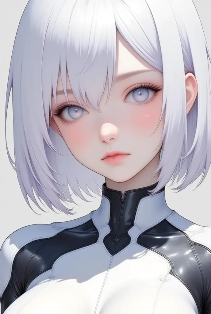 1girl, white theme, bright image, portrait, look up, white short hair, kawaii anime, soft color, A close-up of a person's face, partially obscured by delicate white feathers. sagging eyes,