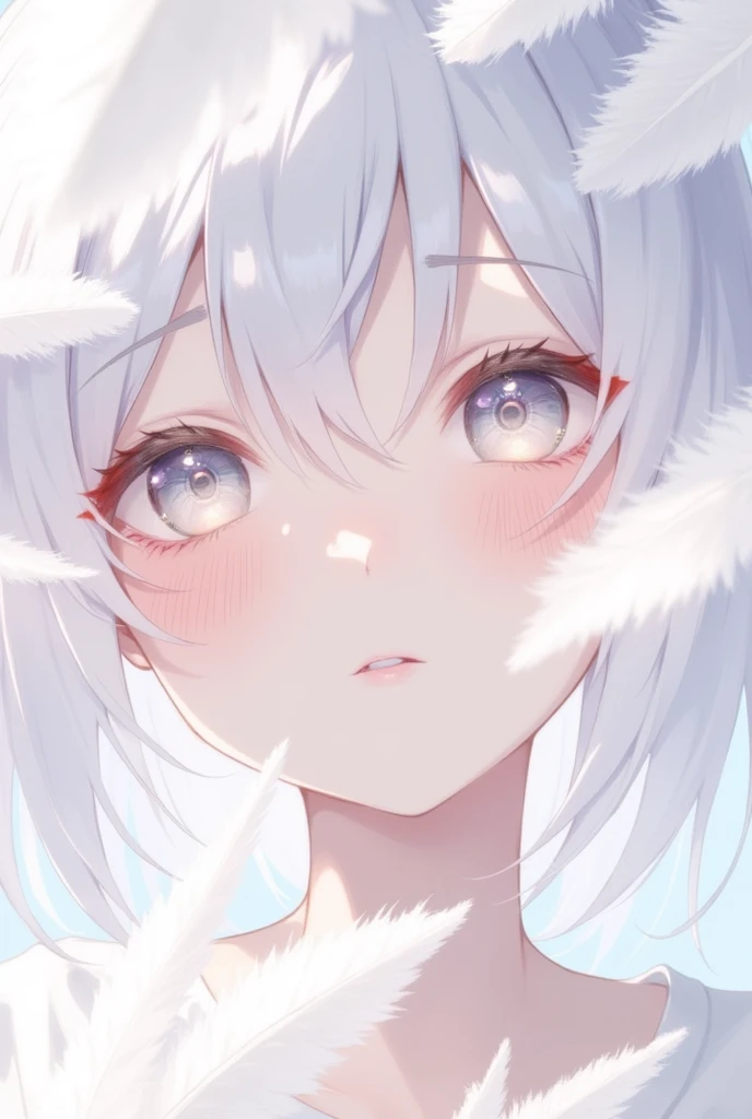 1girl, white theme, bright image, portrait, look up, white short hair, kawaii anime, soft color, A close-up of a person's face, partially obscured by delicate white feathers. sagging eyes,