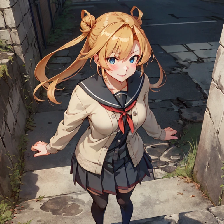 abukuma_kantaicollection
blonde_hair, long_hair, blue_eyes, hair_bun, double_bun, hair_rings, twintails, serafuku, hair_between_eyes, open_mouth
(masterpiece,best quality,ultra detailed,hyper detailed,exquisite,beautiful:1.4),(art CG, 8K),1girl,solo,KonishiCSA,(full body:1.2), blush,smile,(standing:1.4),
school uniform, cardigan,Ancient City Ruins,tights
