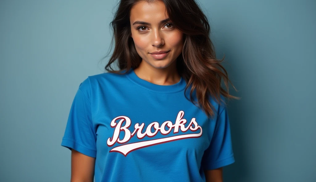 Isabella posing in a blue t-shirt with the logo "Brooks "  in baseball style on the chest 