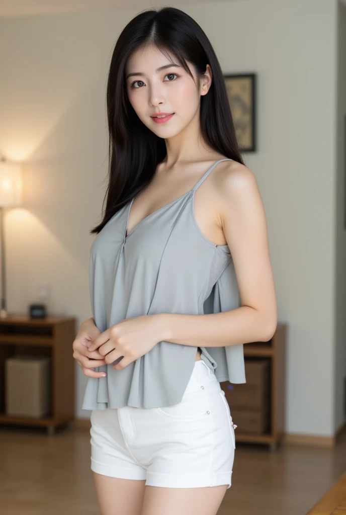 A beautiful, cute Thai woman, 20 years old, fair skin, good figure, long straight black hair, wearing a loose light gray tank top, White stretchy shorts, smiling brightly, standing elegantly in living room look at the camera , posing beautifully all over, showing off her legs.