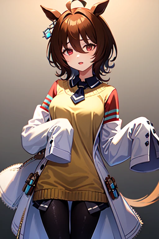  Agnes Tachion、Horse Girl、 girl、一人の girl、Horse ears、Horse tail、 earring on one side 、Red eyes、 short hair、 brown hair、（White:1.2)、(bigger sleeve than wrist :1.2)、 yellow big sweater 、 ties、 black pantyhose、Stray hair、best qualty,