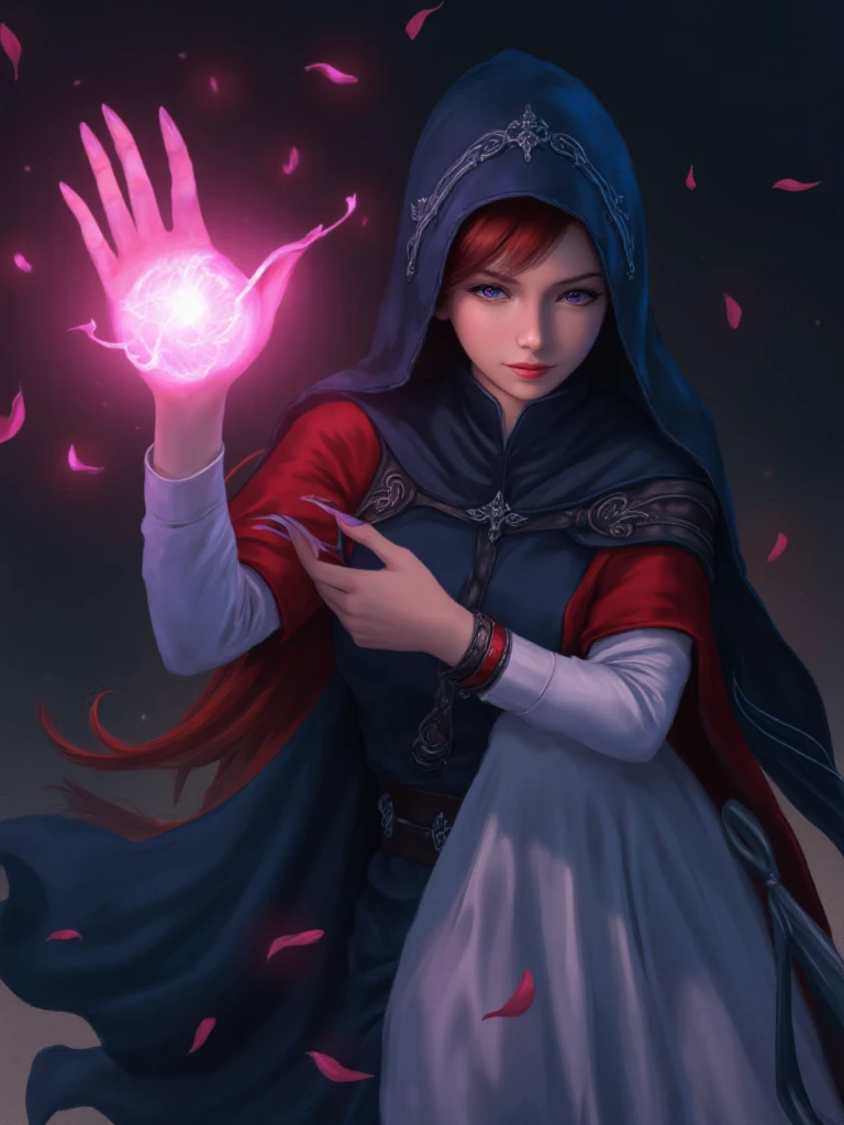 Fantasy digital artwork depicting a female sorceress with a mystical aura. The composition is vertical, focusing on the subject who stands centrally. She has fair skin and long, flowing red hair, partially covered by a deep blue hooded cloak. Her facial features are sharp and striking, with intense eyes and a determined expression. The cloak is intricately detailed with silver embroidery, and she wears a white, flowing gown underneath. Her right hand is raised, conjuring a glowing, pink orb of magical energy, casting a soft light that illuminates her face and surroundings. The background is a blend of dark and light hues, enhancing the ethereal and magical atmosphere of the scene. Pink petals float around her, adding to the enchanting and otherworldly feel of the image.