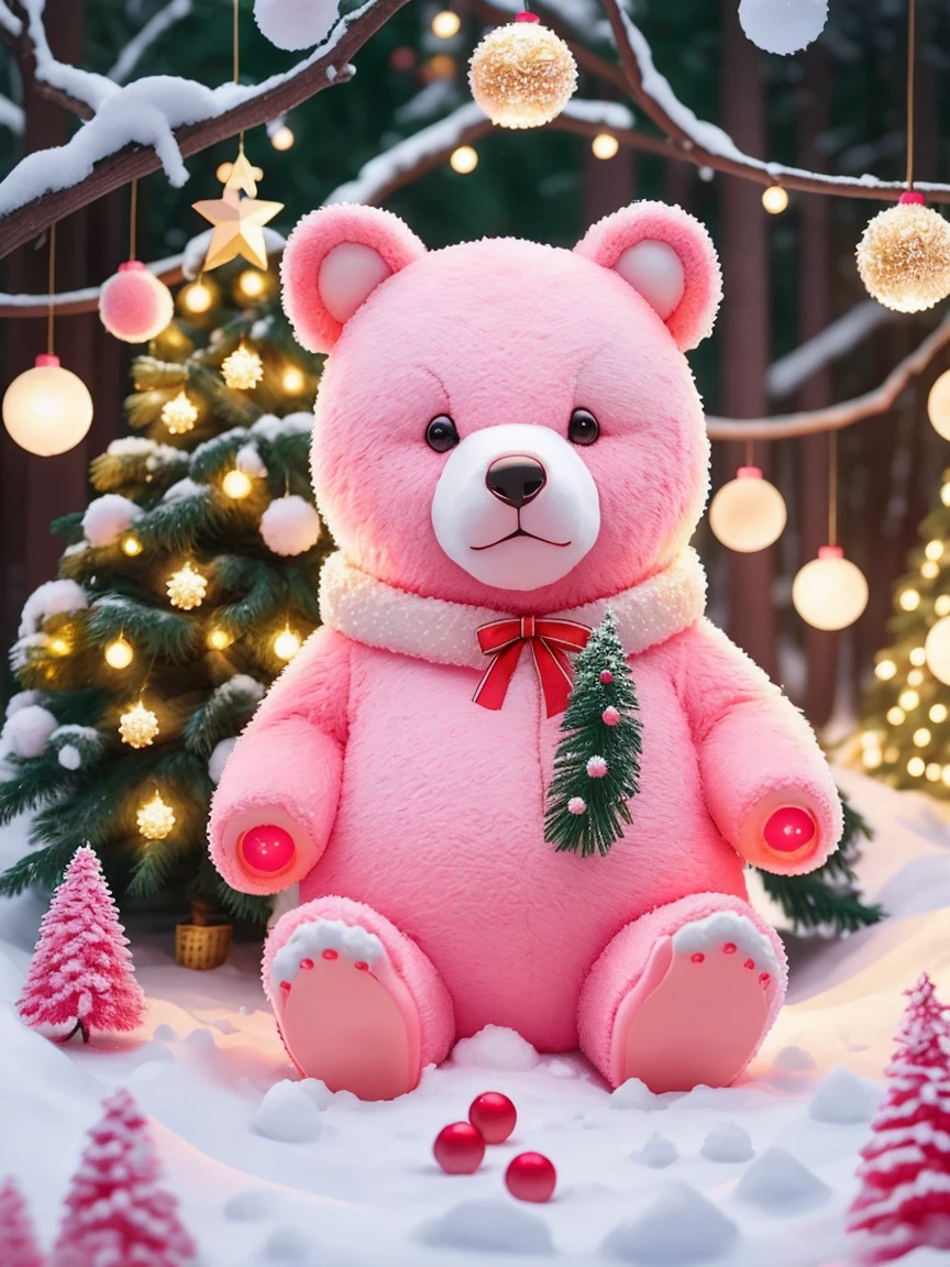 real Напиши "2025"  bear in the forest in winter ,  in paws christmas ball ,  green pine branches ,  juicy pink berries ,  pink and yellow lights glow, small garlands ,  lights around the picture , как рамочка professional photo