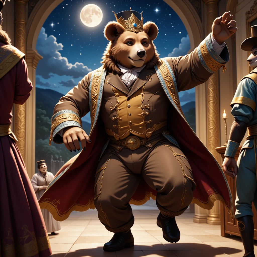 character focus, full body, looking away, dynamic angle, masquerade, a middle-aged bear man, light smile, costume clothes, flamboyant, pants, boots, beautiful mask, tailcoat, dancing, BREAK full body in Michelangelo Buonarroti style, housamo style, digital illustration anime, detailed painting landscape, moonlit night, grand ballroom, indoor, full color, HDR, BREAK complete anatomy, perfect proportions, beautiful thigh gap, fluffy body, intricate fur details, beautiful fur texture, BREAK (a detailed bear 1tail), detailed boots, detailed foot, detailed hands, 5fingers, 5fingers nails, BREAK aesthetic anime face, insanity detailed face, male face, big face, square jawline, aesthetic anime eyes, detailed brown eyes, detailed brown cornea, detailed dark brown irises, detailed pupils, male eyes, big eyes, male eyebrows, innocent look, beautiful beard, BREAK masterpiece, official art, best quality, very aesthetic, absurdres, super fine illustration, great quality, BREAK noise reduction, very highres, large filesize, high quality, 32K, 8k wallpaper, dynamic lighting, BREAK insanity detailed, ultra detailed, intricate details, extremely detailed, detailed texture, an extremely delicate and beautiful, BREAK e621 illustration, osukemo, kemohomo, anthropomorphic, furry, cartoon, harmonious eyes, pastoral face, virtuous body, gothic atmosphere