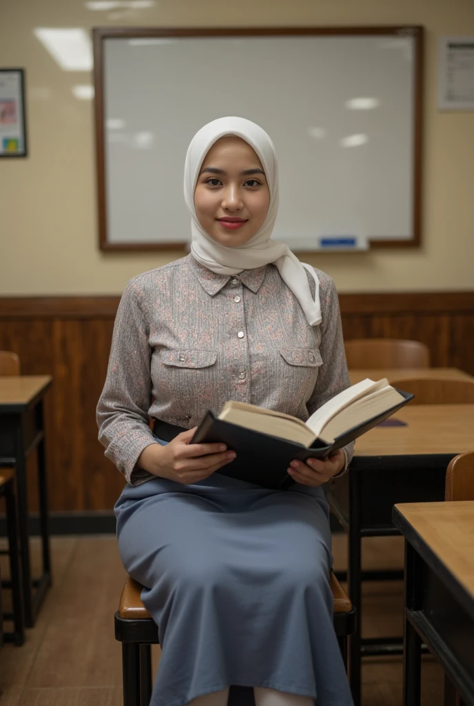  a beautiful young Indonesian woman  ((big boobs 2 .3)) sit on a chair. read a book )). (( Wears a white Islamic hijab to the chest)) ((shirt pocket on the left breast )). ((Indonesian High School Uniform Buttoned Shirt Intricate Floral Pattern Long Sleeves)).  Skirt up to calf color blue to ash)) (( wears black school belt )). ((feet wearing black shoes.)) socks white to calf )). ((  inside a school classroom  )).  Large and wide whiteboard background hanging on the classroom wall. Full body smiling . (( Rough colored Cctv footage . Warm light .  Low light.))