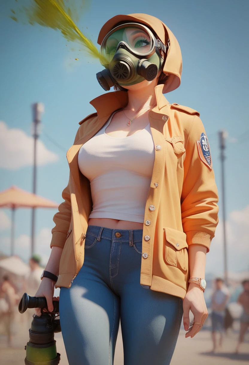 Beautiful woman、dirty skin、light green hair、white taping on the nose、A girl with realistic skin texture stands in front of a city background。. her dirty shirt、Adds a rough atmosphere to the entire image. She has a tattoo on her arm, It adds a hint of edge to her look. The focus of the image is、There&#39;Highly detailed rendering of her skin, Accurately depict every pore and wrinkle. A background that creates an industrial atmosphere, urban atmosphere. The lighting is、、Plays an important role in enhancing the realistic and photorealistic effect of images。. Colors are vivid and details are clear, Get the highest quality 8K images that look like masterpieces.tattoo、has a gun in his right hand