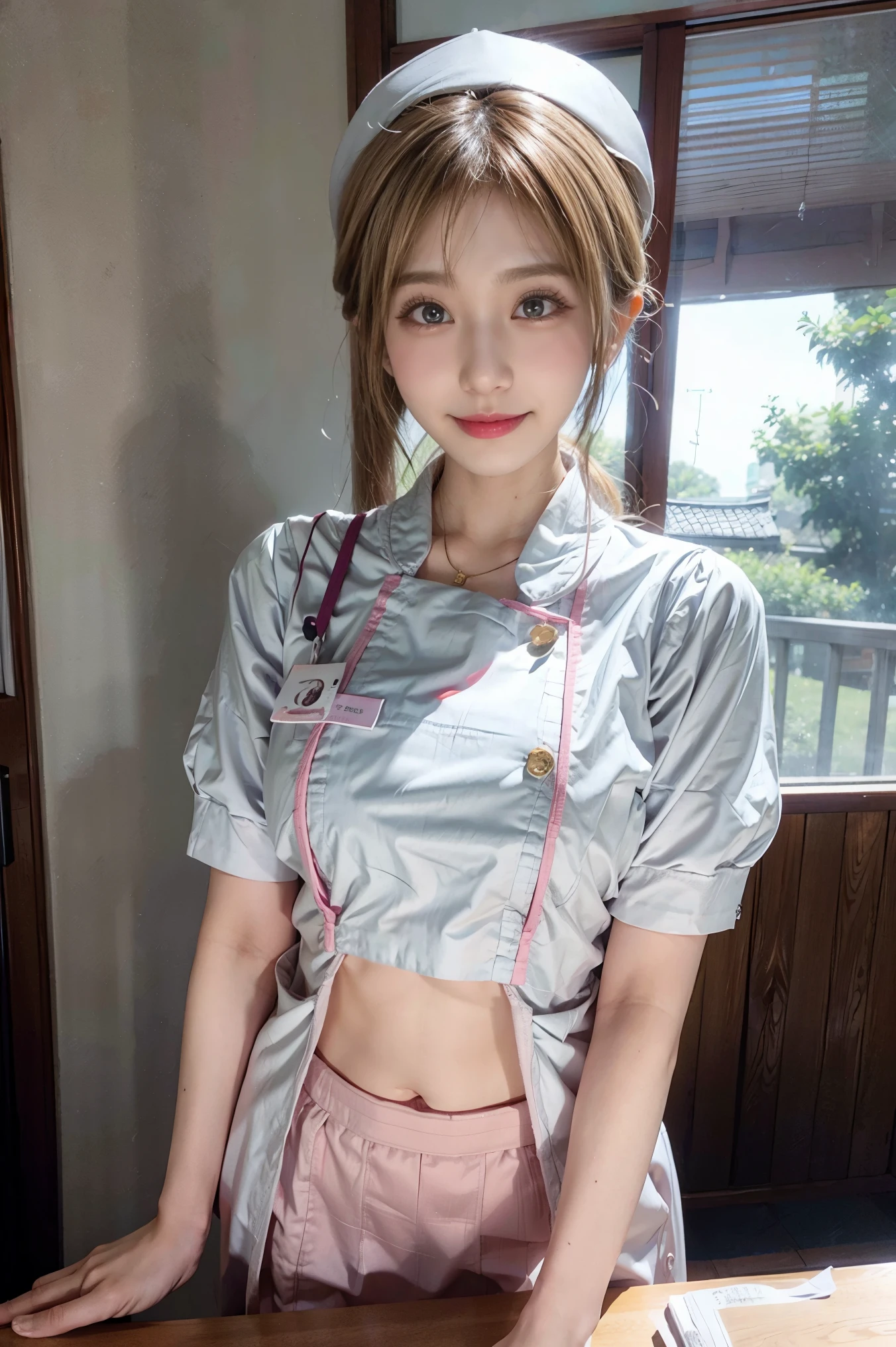 Japanese、Model、Big Breasts、Blonde、Nurse uniform、nurse、White、 shows shoulders、 cleavage visible、 belly button visible 、smile