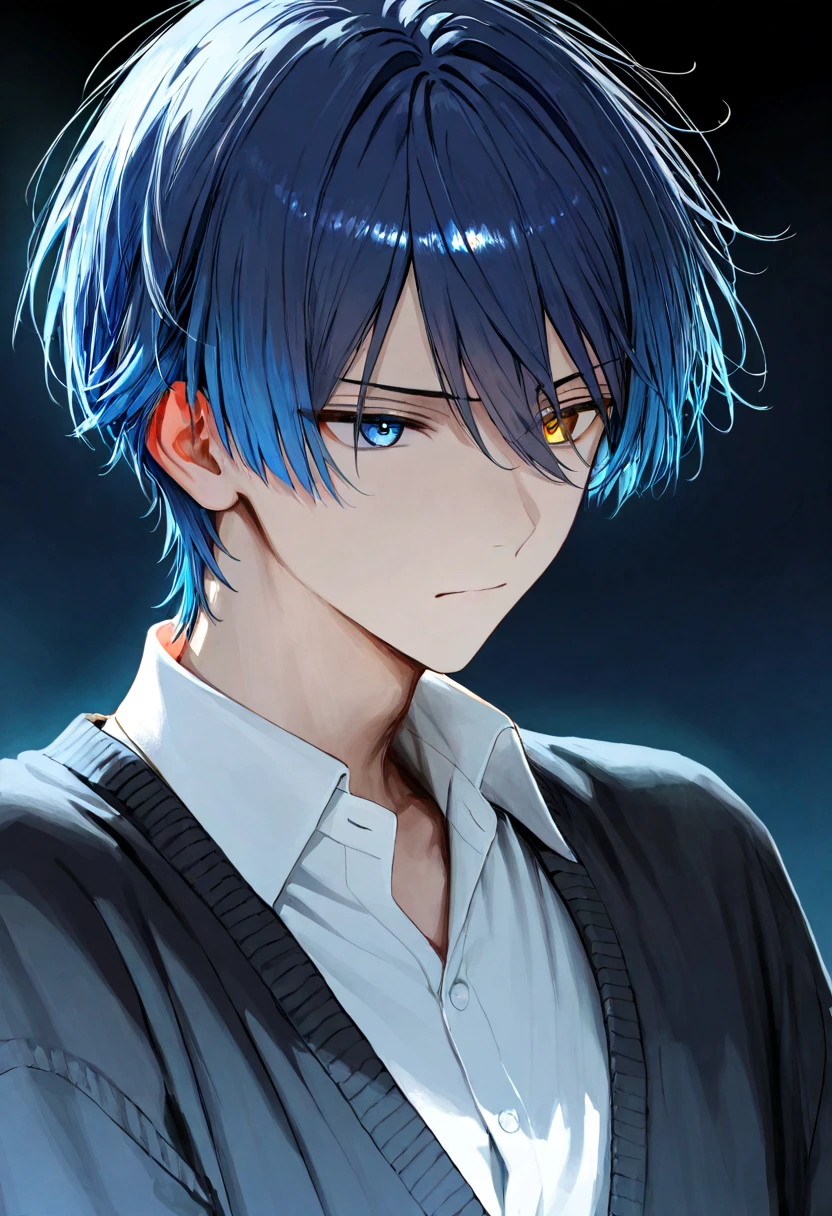 1 boy with white collar shirt, black cardigan, heterochromia eyes, long navy blue hair, serious calm expression, soft gentle color tone, tranquil serene atmosphere, official