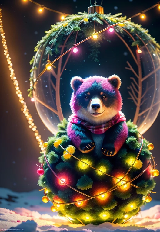 real Напиши "2025"  bear in the forest in winter ,  in paws christmas ball ,  green pine branches ,  juicy pink berries ,  pink and yellow lights glow, small garlands ,  lights around the picture , как рамочка professional photo