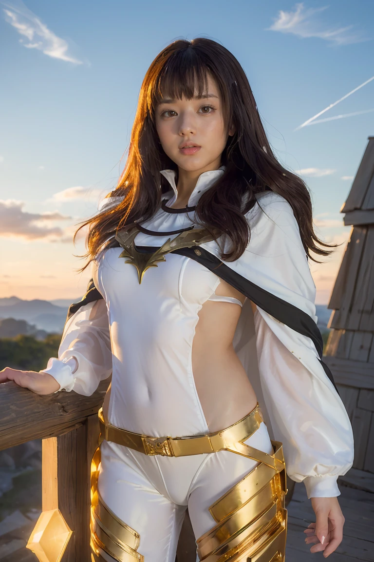 ((masterpiece, best quality, extremely detailed), volumetric lighting, ambient occlusion, colorful, glowing), 1girl, solo, young girl, (dark hair), long hair, ranger suit, hunter class dnd, cloak, (white outfit with gold detailst:1.3), armor, outdoors, sunset, sky, clouds, space, (fantasy theme:1.2),